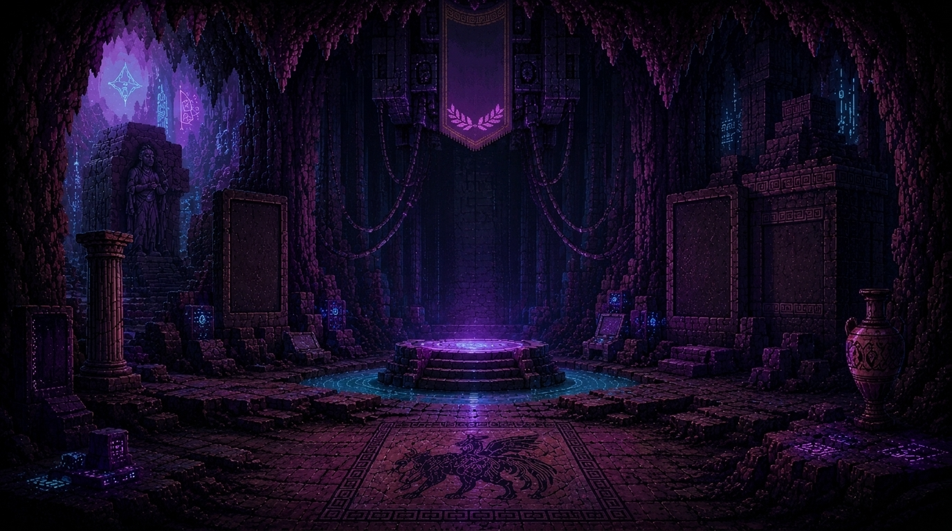 The Oracle's Chamber — the Pythia seated in a neon-lit stone chamber